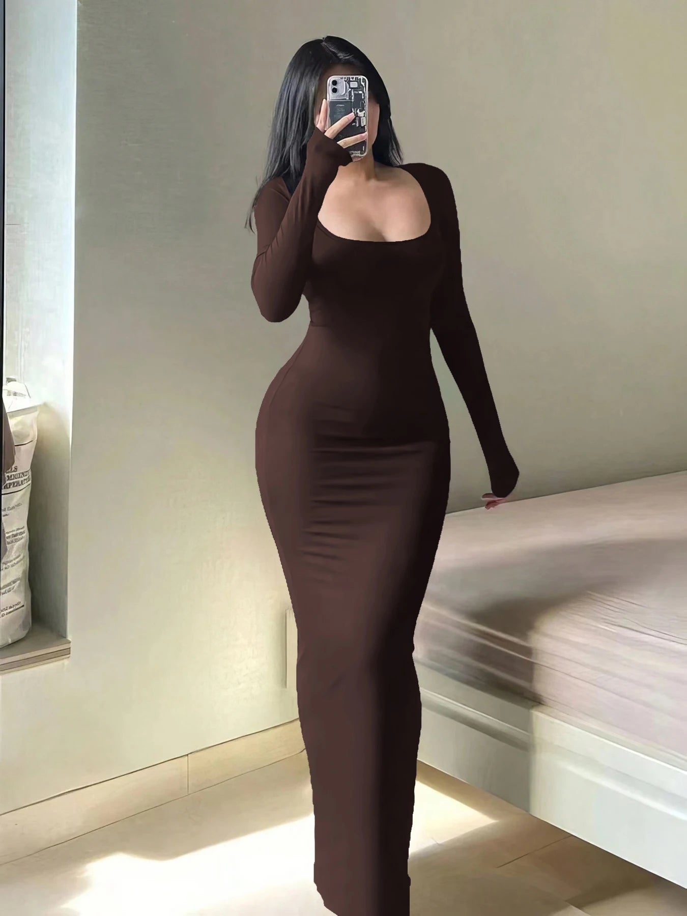 Women's Plain Long-Sleeved Dress