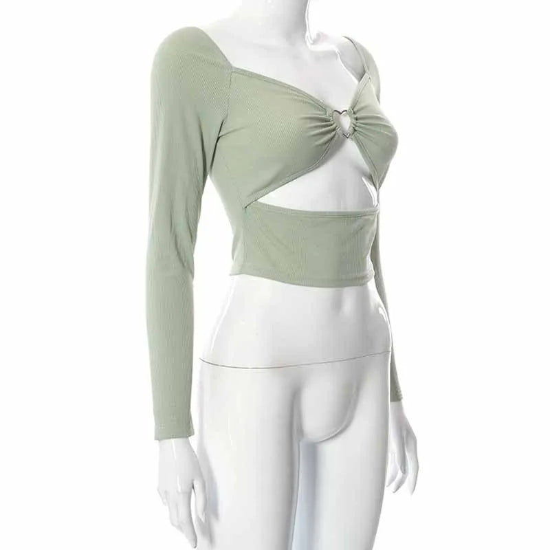Blusa Cropped De Manga Comprida Com Decote Em V