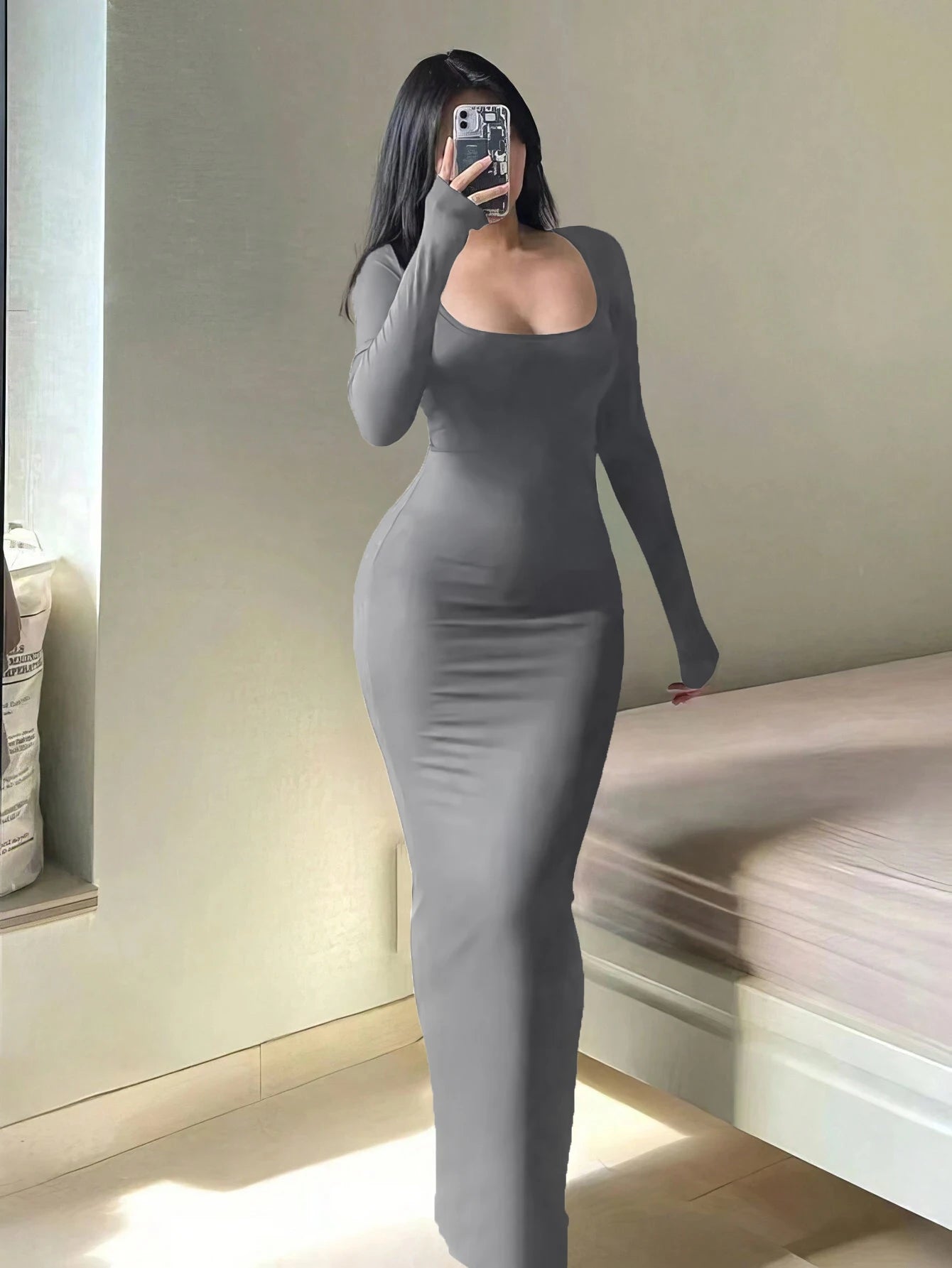 Women's Plain Long-Sleeved Dress