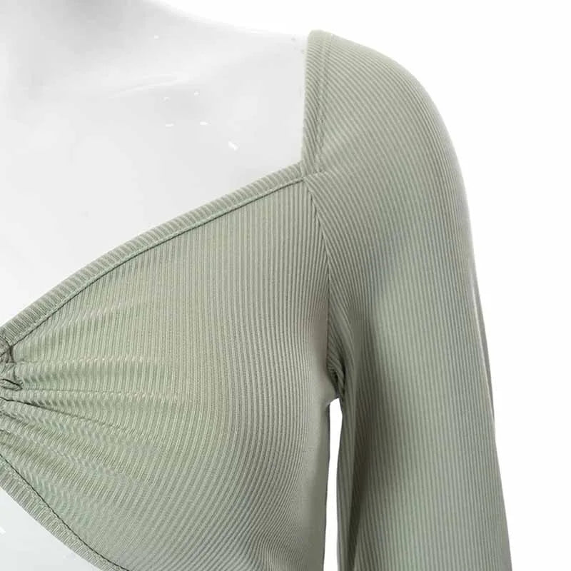 Blusa Cropped De Manga Comprida Com Decote Em V