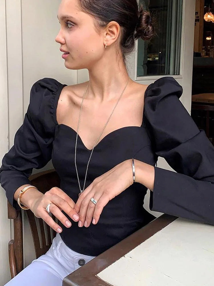 Women's Blouse, Solid Color, Vintage Style, Puff Sleeve.