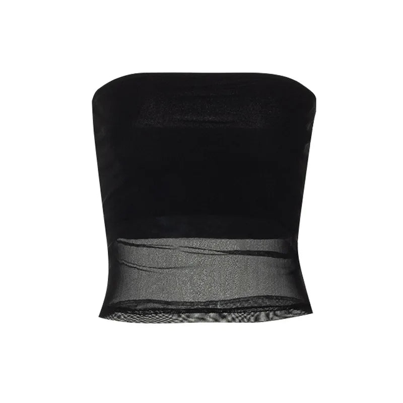 Black knit cropped top with patchwork details.