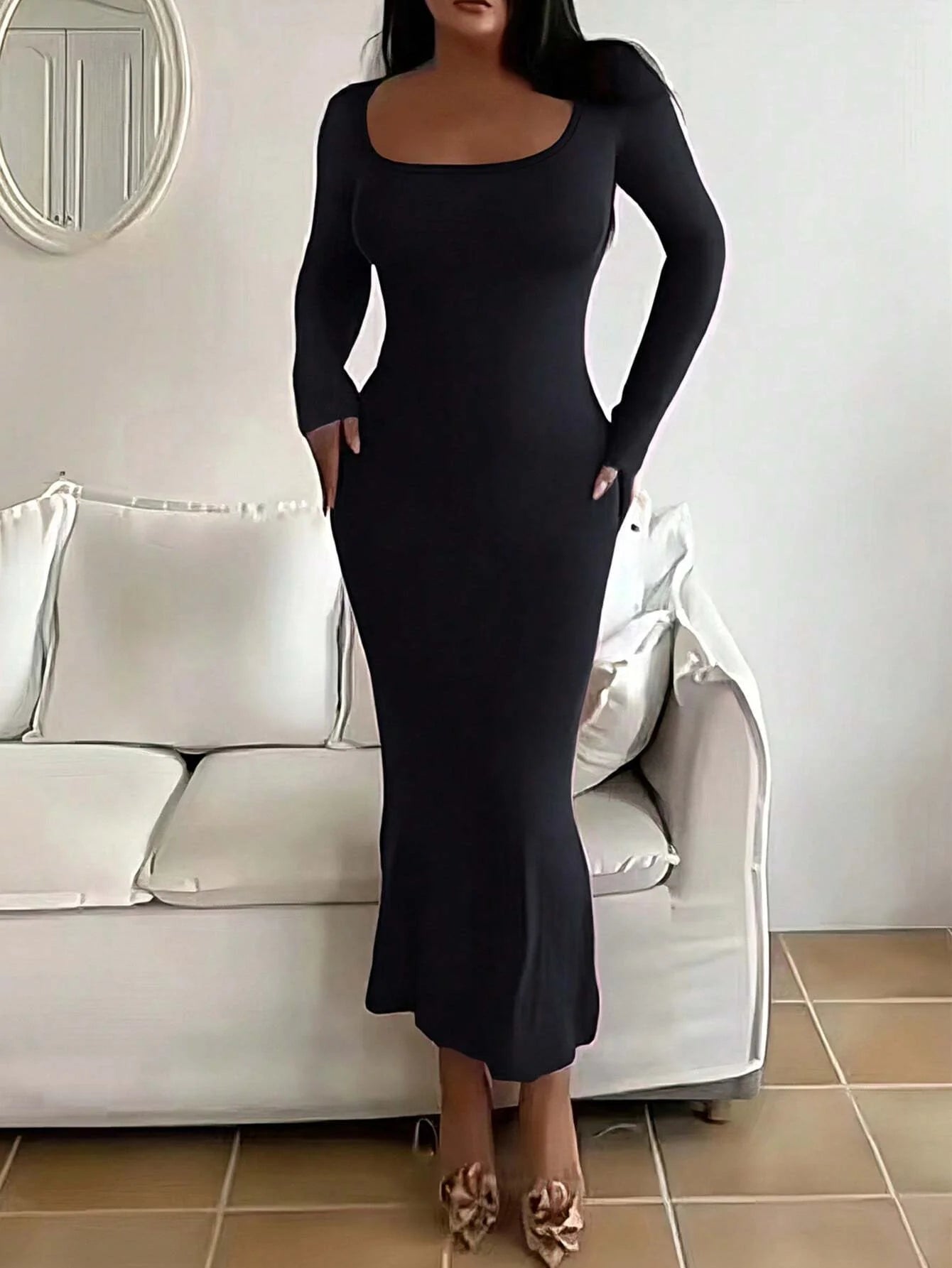 Women's Plain Long-Sleeved Dress