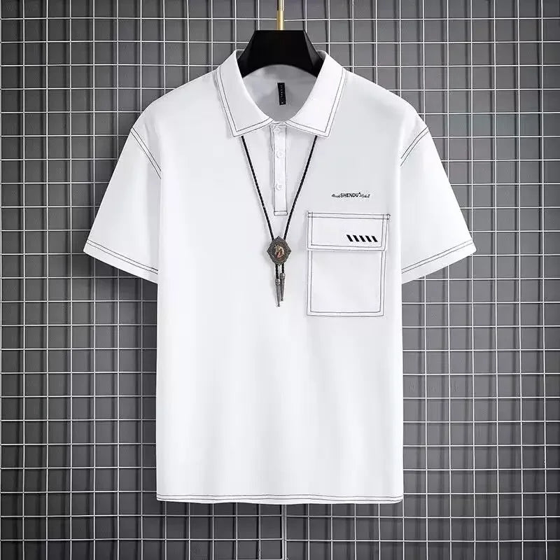 Men's Polo Shirt with Graphic Print, T-shirt with Embroidered Collar.