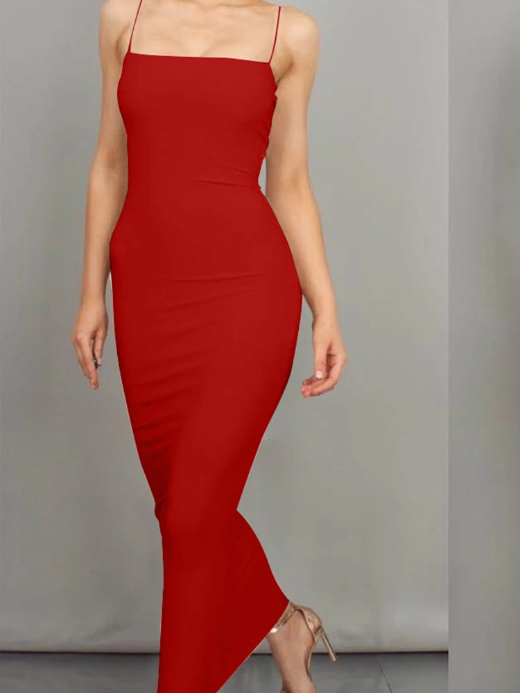 Women's Sleeveless Long Dress with a Low Back and High Elasticity