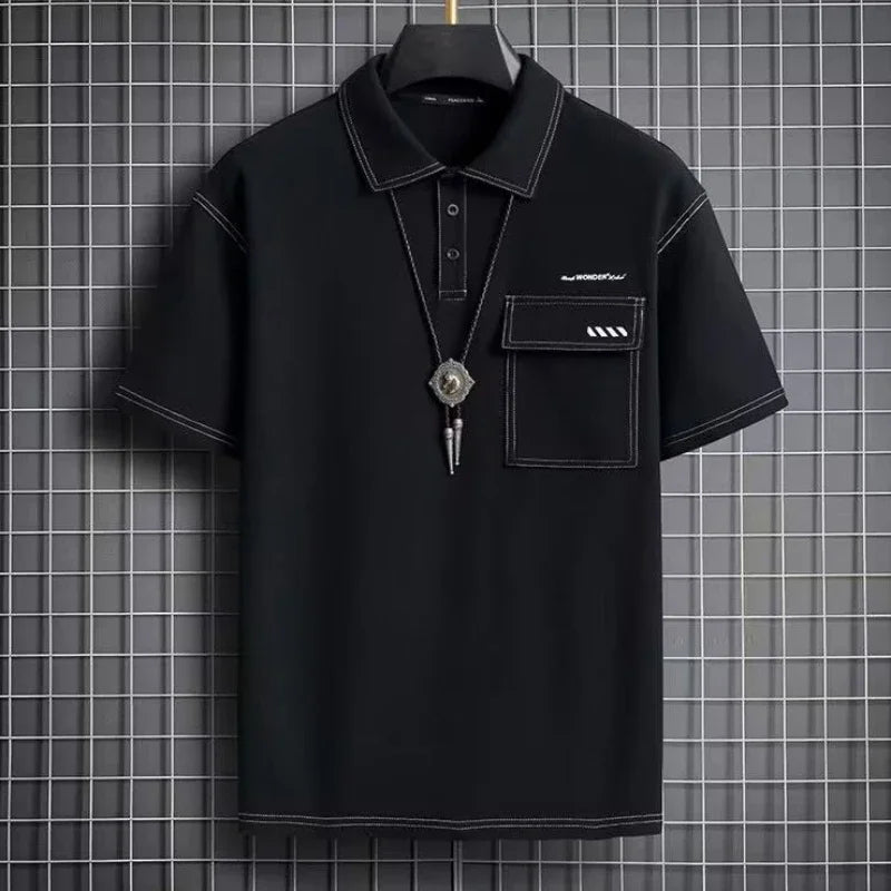 Men's Polo Shirt with Graphic Print, T-shirt with Embroidered Collar.