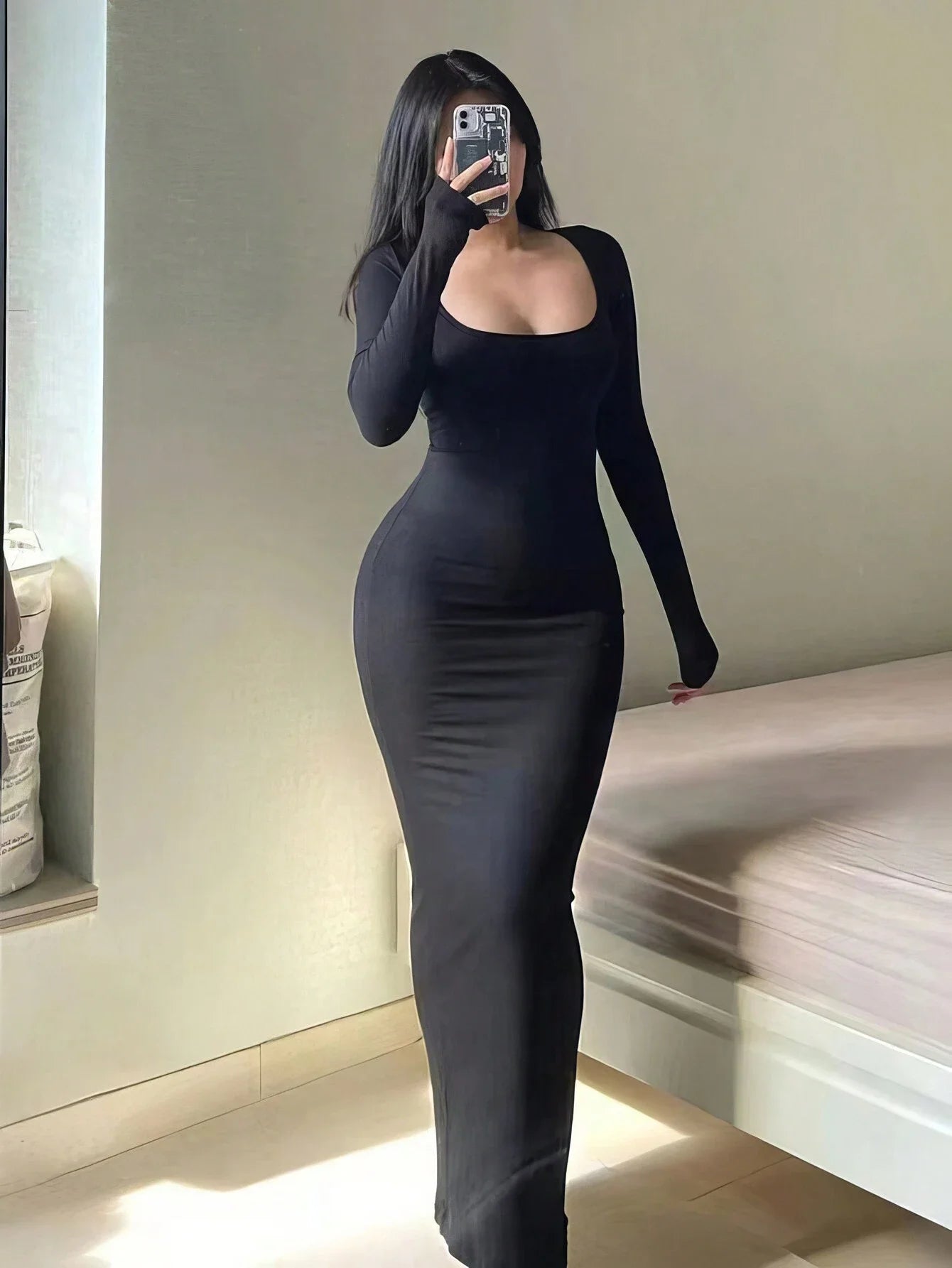 Women's Plain Long-Sleeved Dress