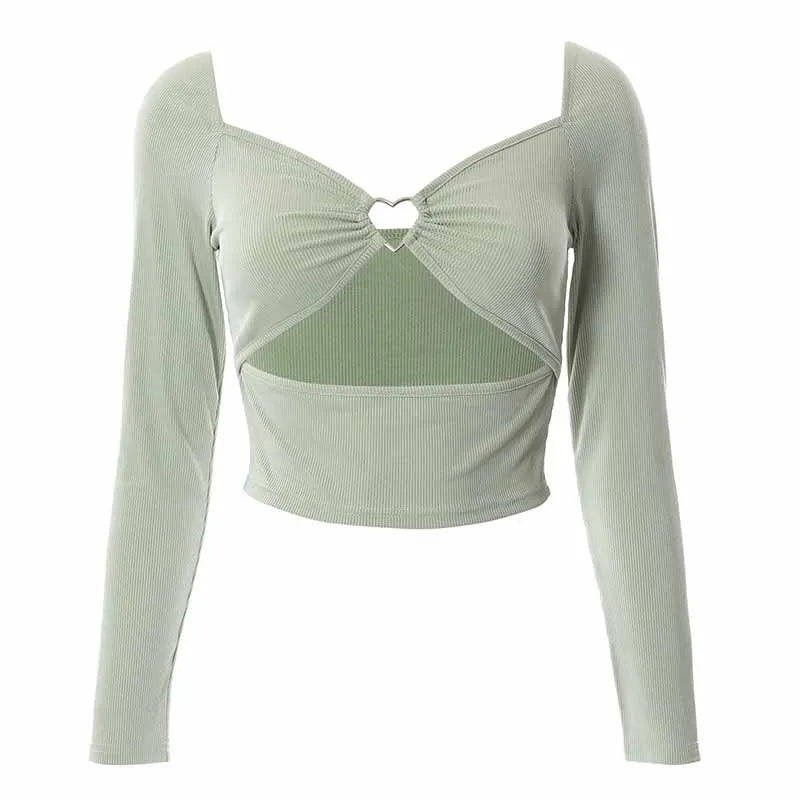 Blusa Cropped De Manga Comprida Com Decote Em V